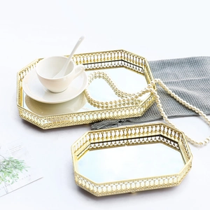 Nordic gold octagonal mirrored metal trays with hollowed patterns for home decor