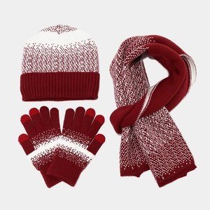 Women's winter warm knit set with red and white pompom hat, scarf and touch gloves