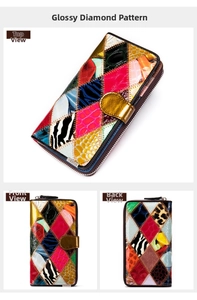 Vue en trois angles du portefeuille luxe en cuir verni avec patchwork motifs animaux