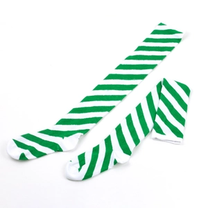 Detailed view of green and white diagonal striped over-the-knee socks in knit cotton material