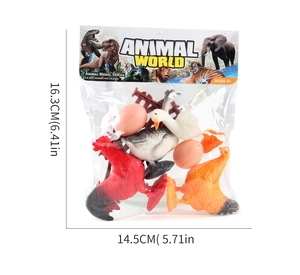 Detailed view of plastic farm animal toy set including poultry and red fence accessories