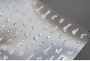 Detailed macro view of 3D metallic silver letter nail stickers with artistic fonts