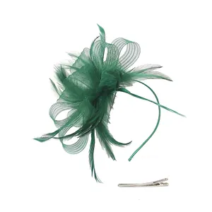 Elegant dark green feather and mesh bow headpiece with headband and clip set