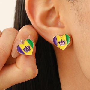Cartoon heart earrings with colorful oil dripping and purple crown for Carnival party