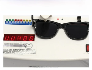 Detailed UV400 protection test showing black cat eye sunglasses on a digital tester