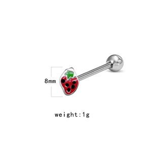 Detail view of 8mm strawberry tongue ring with red enamel and 1g weight specs