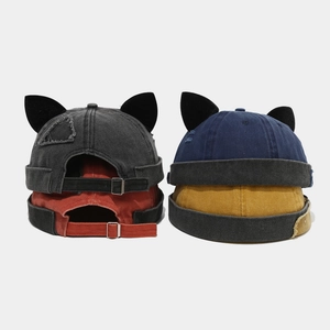 Cat Ears Docker Hat Washed Cotton Denim Distressed Brimless Miki Cap Adjustable Retro Hip Hop Streetwear Hat