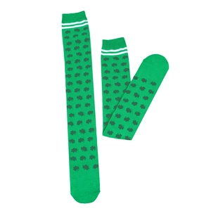 Detailed view of green St. Patrick's Day over-knee socks with white stripes and shamrocks