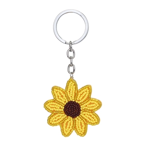 Bohemian style beaded sunflower keychain for bags with vibrant yellow petals and metal ring