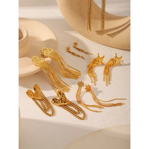 Chic gold stainless steel tassel earrings in heart, starfish, and flower designs