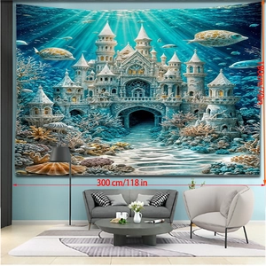 Detail showing 300x180cm blue ocean style Christmas tapestry wall hanging in living room