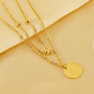 Double layered 18K gold plated stainless steel necklace with round pendant and beads