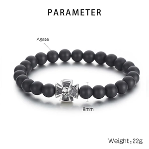 Men's 8mm matte agate beaded bracelet with vintage silver skull cross pendant