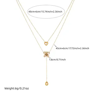 Double-layered gold stainless steel necklace with heart and butterfly pendant size guide