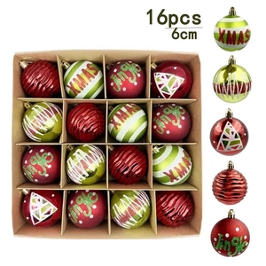 Set of 16 hand-painted Christmas tree ornaments in red and green, 6cm diameter
