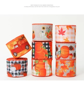 Assorted 8-roll set of Thanksgiving ribbons featuring autumn pumpkins and maple leaves