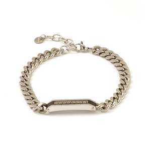 Silver stainless steel Cuban link bracelet with black Greek key pattern centerpiece