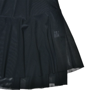Detailed macro view of layered black mesh tulle fabric on a stylish cocktail dress