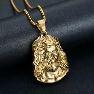 Hip hop 18K gold plated stainless steel Jesus piece pendant necklace with box chain link