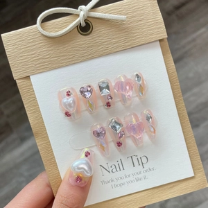 Handgefertigte Drucknägel Aurora Pink Herz Bogen Harz Künstliche Perle Rhinestone Süße Dimensional Künstliche Falsche Fingernägel