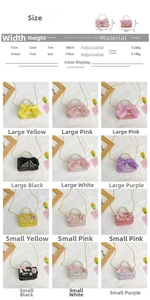 Size chart for girls wool tweed pearl handbag with dimensions and adjustable chain straps