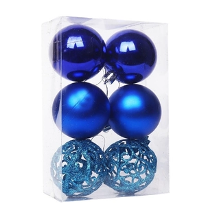 Set of 6 blue Christmas ornaments in PVC box with glossy, matte and hollow glitter designs