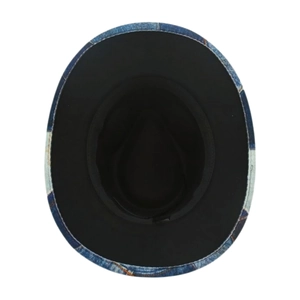 Detailed top view of blue denim texture wide brim hat with black inner lining and stitching