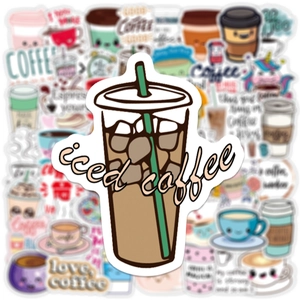 Close-up of waterproof vinyl iced coffee sticker with cute cartoon doodle art