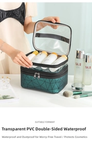 Close-up of double-layer waterproof cosmetic bag with PVC top and green quilted leather