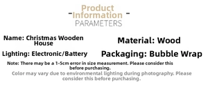 Detailed technical parameters and dimensions for illuminated wooden Christmas house decor