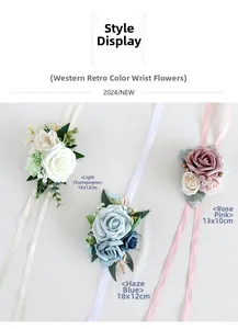 Detail view of artificial rose corsages in champagne, blue and pink with satin ribbons