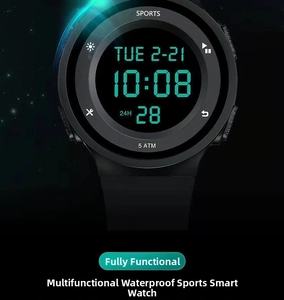 Close-up of black digital sports watch with 5ATM water resistance and large LCD screen