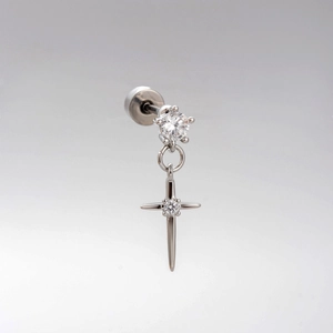 Silver titanium steel screw back stud earring with cross pendant and sparkling crystals