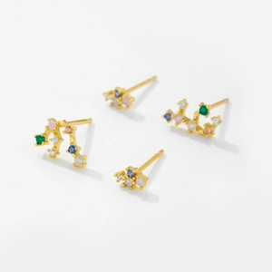 Set of four S925 sterling silver zodiac earrings with colorful cubic zirconia in gold finish