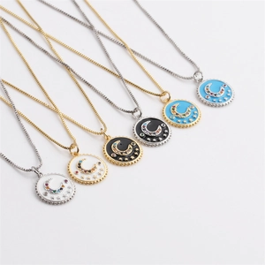 Women Copper Enamel Necklace With Colorful Zircon Star Moon Pendant Round Medallion Box Chain Jewelry