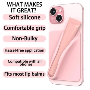 Pink silicone lip balm holder for phone showing six key product benefits and features