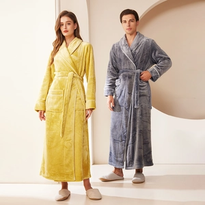 Unisex Long Thickened Flannel Bathrobe Shawl Collar Belted Sleepwear With Pockets Warm Winter Loungewear Contrast Piping Robe