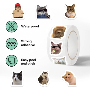 Detail showing waterproof and strong adhesive features of cat meme stickers rolls