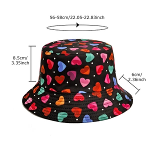 Black bucket hat with colorful hearts and white polka dots for women sun protection