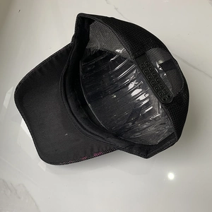 Detail view of the breathable mesh back and adjustable snapback closure on a black cap