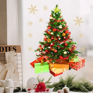 Christmas tree window static stickers with colorful gift boxes and golden snowflakes deco