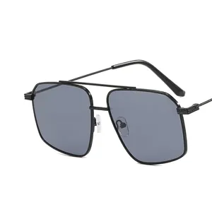 Classic double bridge pilot sunglasses with black metal frame and dark grey lenses