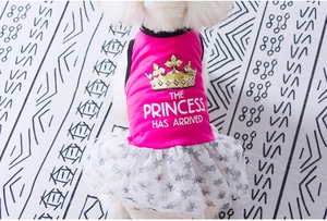 Close-up of pink pet tutu dress featuring The Princess Has Arrived crown slogan