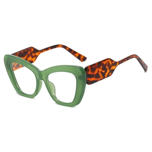 Cat eye glasses frames with transparent green front and leopard print temples for women