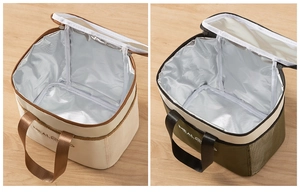 Close-up of insulated lunch bag featuring thick aluminum foil lining and side mesh pocket