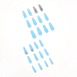Light blue press on nails with full glitter rhinestones in long coffin shape set
