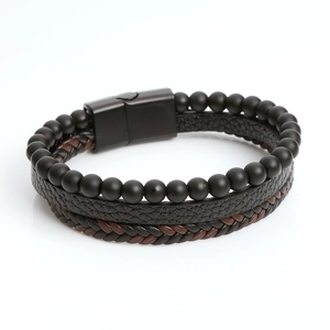 Men's multilayer obsidian bead and woven leather bracelet with magnetic metal clasp