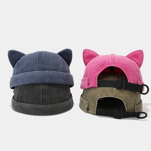 Bonnet Docker Oreilles De Chat Coton Lavé Calotte Sans Bord Réglable Rétro Streetwear Unisexe Nouveauté