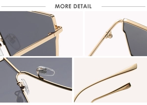 Detail view of gold metal frame sunglasses with precision hinges and soft silicone nose pads