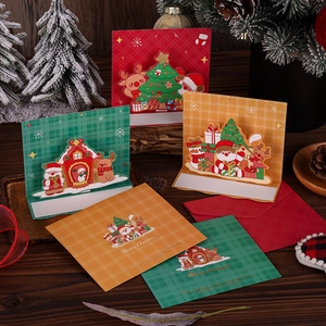 Christmas Greeting Cards 3D Pop Up Laser Cut Gold Foil Stamping Paper Cards With Envelopes Cartoon Plaid Pattern Holiday Gift